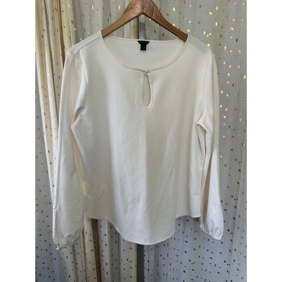 Ann Taylor Women's Cream Keyhole Neckline Puff Long Sleeve Crepe Blouse L - Picture 2 of 7